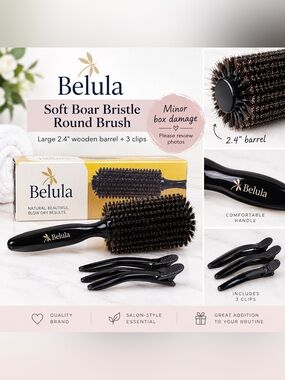 Belula 100% soft boar bristle round brush Large 2.4" wooden barrel 3 clips New